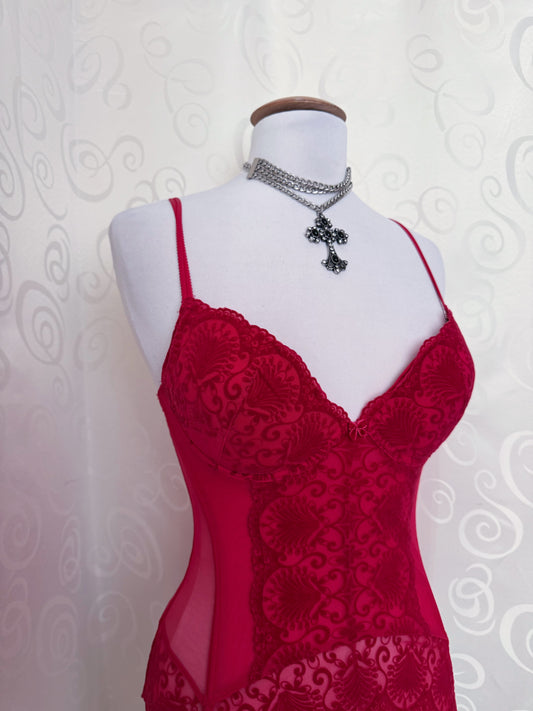 Coquette H&M pink mesh corset top with embossed velvet details π