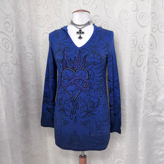 Iconic Y2K hooded top with thorn fire heart print on front & back β€οΈβπ₯