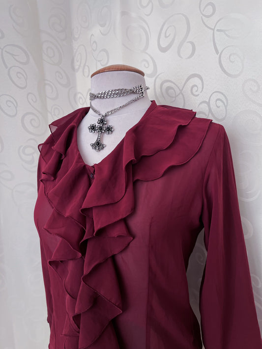 00βs Gothic/Jirai Kei mesh burgundy ruffle shirt π«