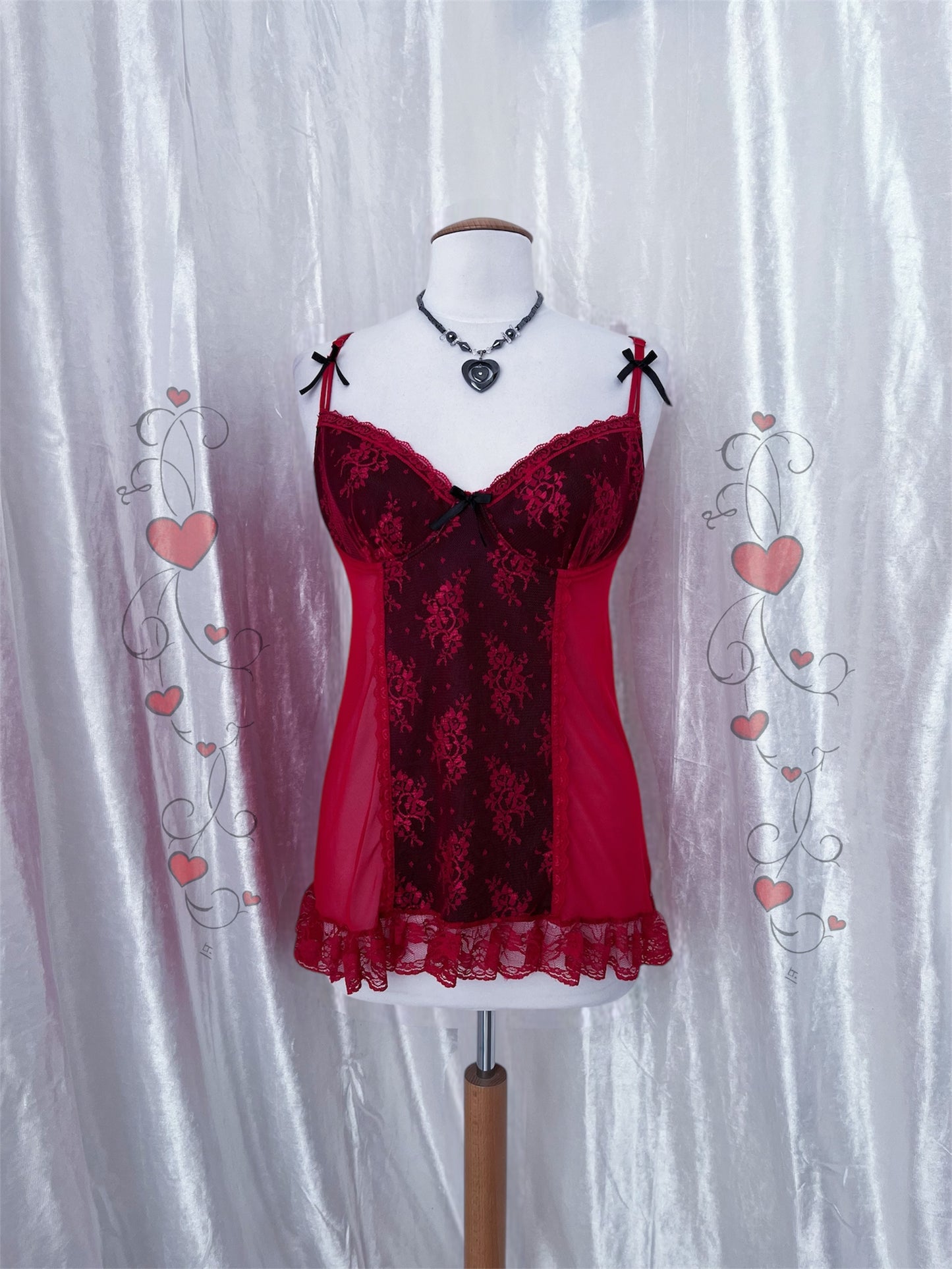 ♱Pretty red mesh & lace babydoll♱