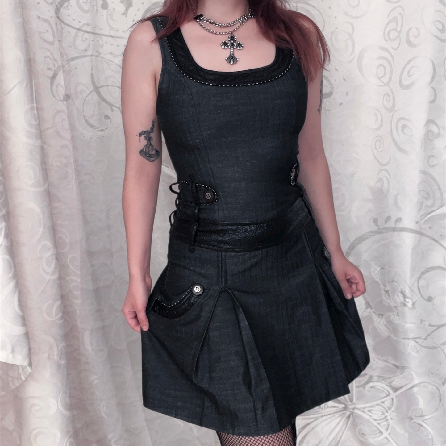 00’s iconic twee x office siren dress with faux leather & button details 🧜🏻🌀