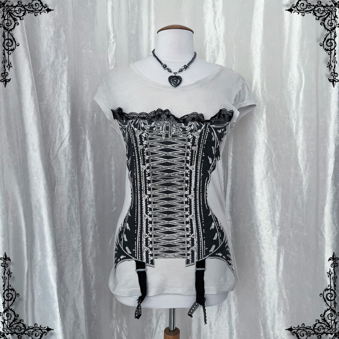 ♱Y2K Alt corset print tee with garter details♱