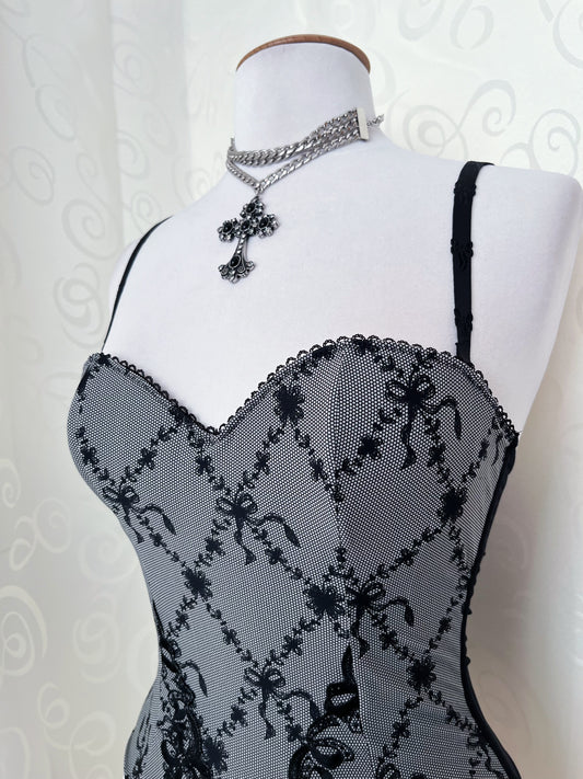 00βs dark coquette grey corset with bow print & embroidery details π
