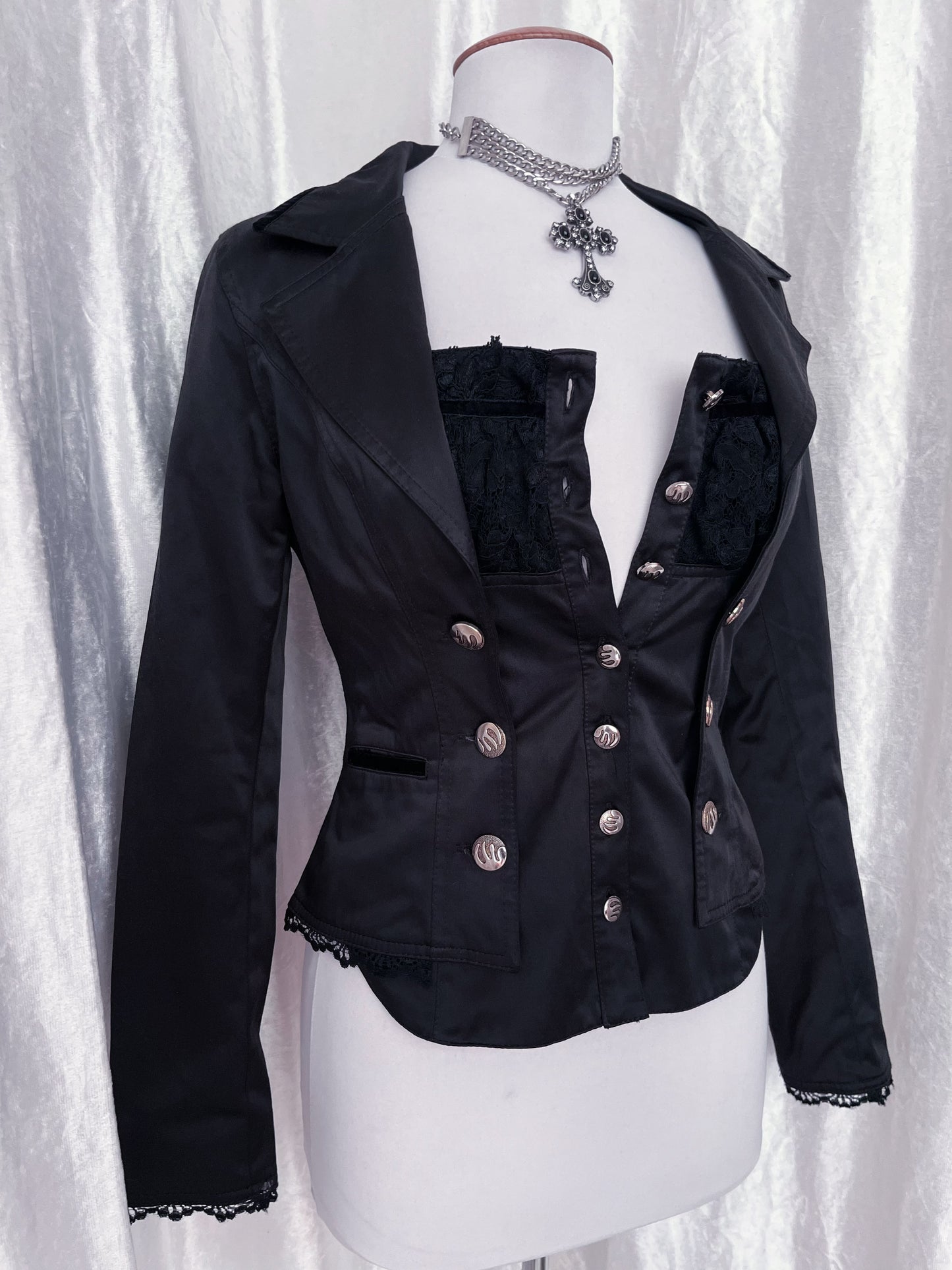 Deadstock Gothic y2k victorian style black blazer & removable top with velvet & lace details 🦇
