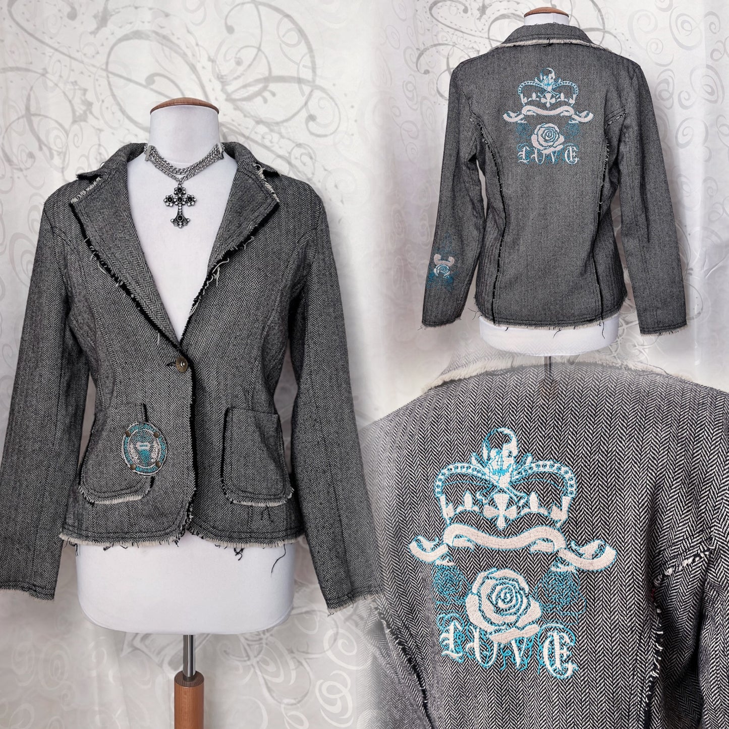 00’s Dark Academia light blazer with iconic Y2K embroidery back details 💀👑