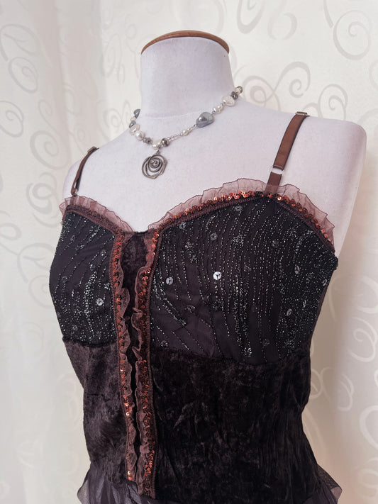 00โs deadstock whimsy fairy brown top with velvet, sequin & tulle detail ๐๐