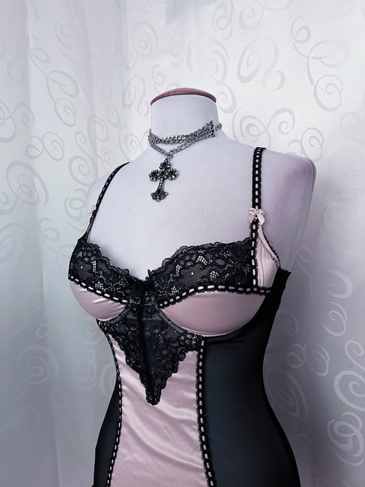 00's dark coquette mesh & satin pink bustier/nightgown ๐