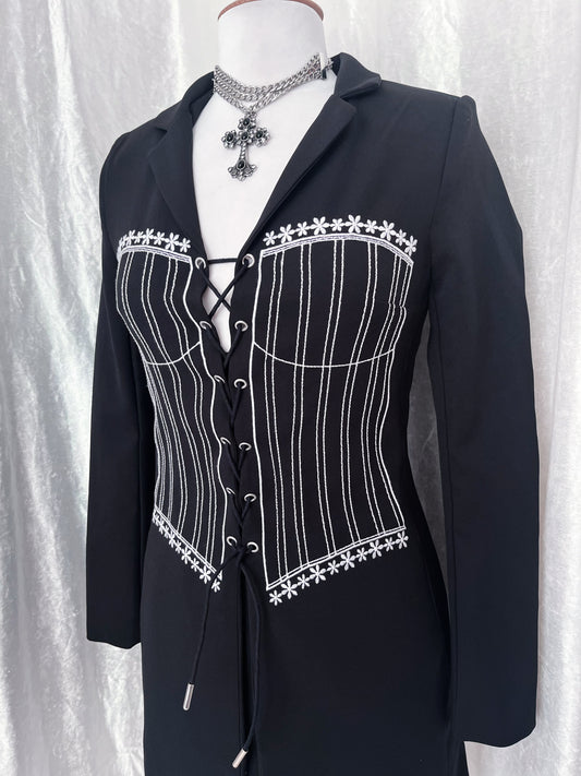 Gothic blazer dress with corset print embroidery & lace up 🎀🦇