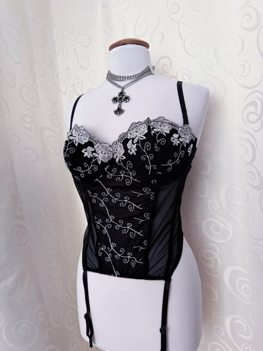 Whimsygoth mesh corset with spiral embroidered detail 🌀🗝️
