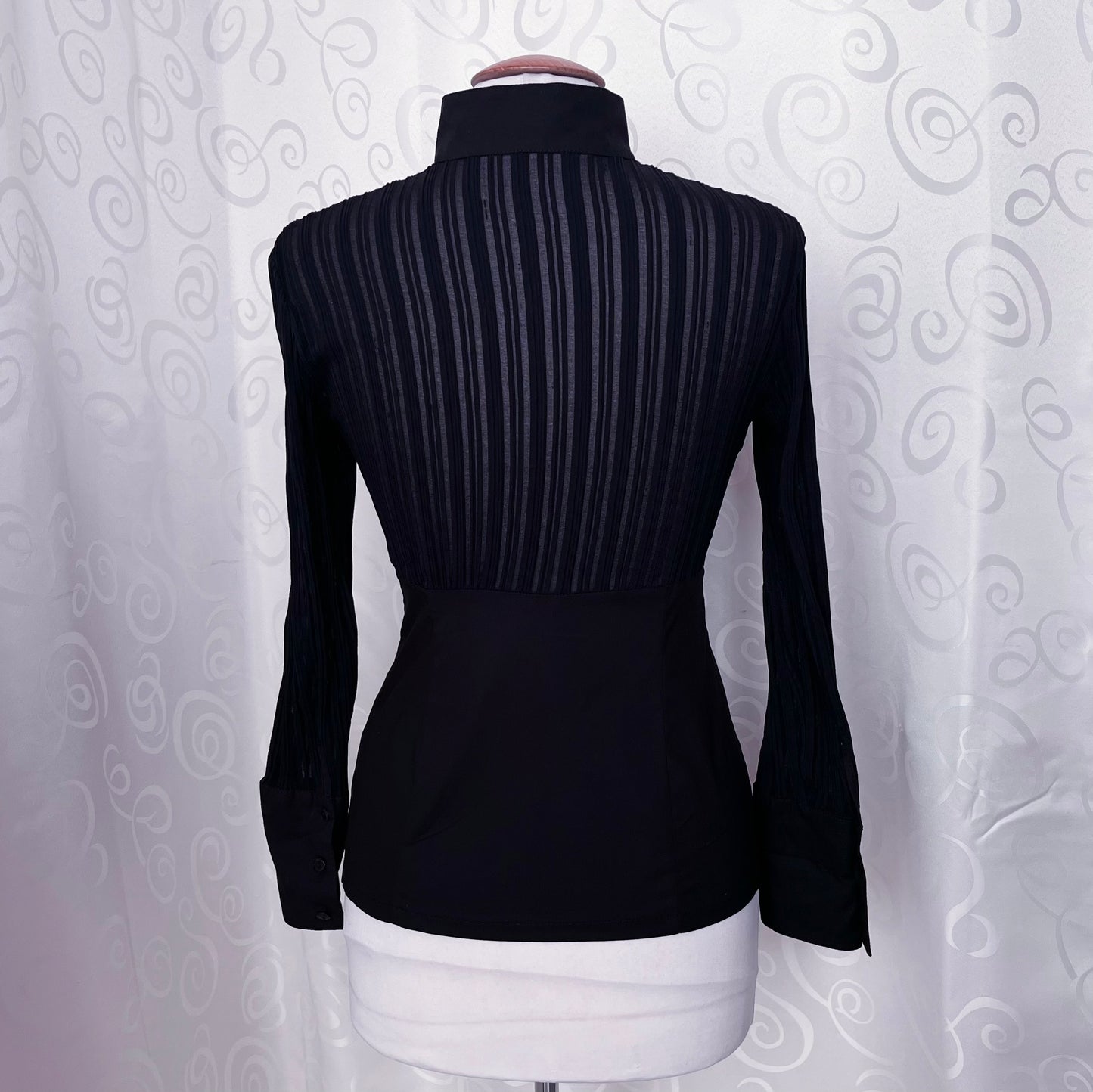 00’s Office Goth black shirt with sheer bustier striped detail 🕷️