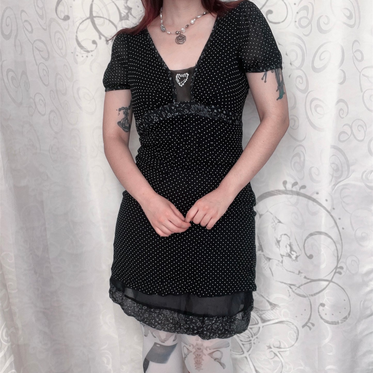 Dark coquette polka dot silk & viscose dress with heart bead detail 🎹🎶