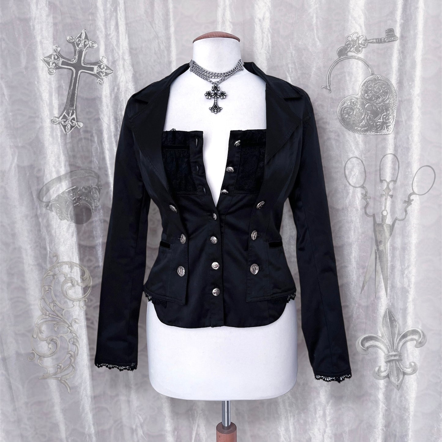Deadstock Gothic y2k victorian style black blazer & removable top with velvet & lace details 🦇