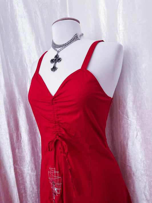 00βs red embroidered summer dress πΉ