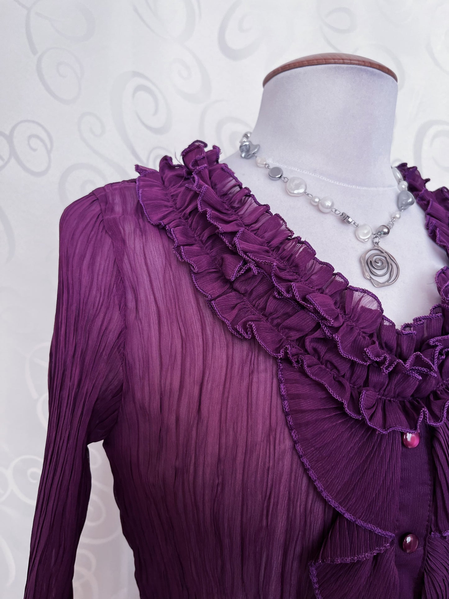 00’s whimsygoth plum ruffle mesh shirt 🔮🦋