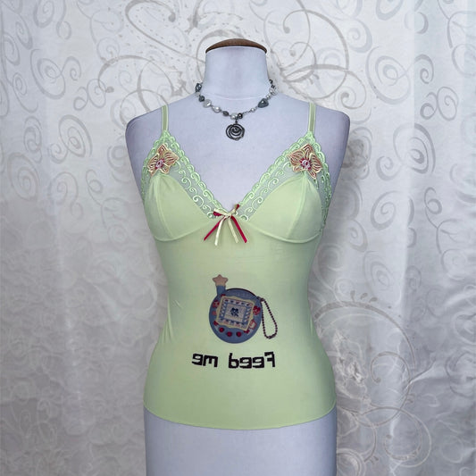 em deeF Tamagotchi Reworked lime cami top with embroidered details πΈπͺ·