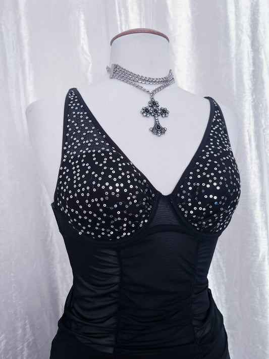 00โs hot mesh bustier with sequin detail