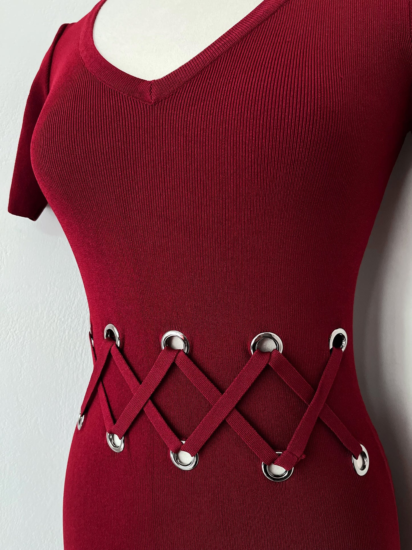 Morgan De Toi hot red fitting dress with lace up detail