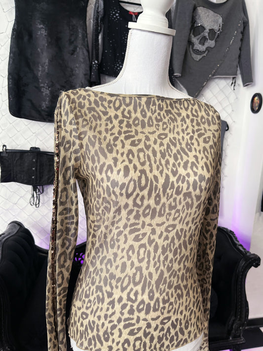 00βs leopard print mesh top with sequin sleeves π
