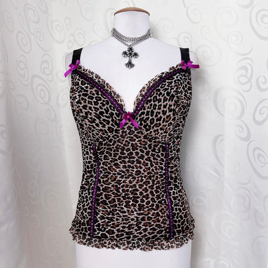 Iconic leopard print mesh corset with pink lace-up detail π