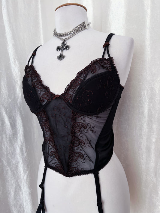 Whimsy mesh black corset with brown embroidery โจ
