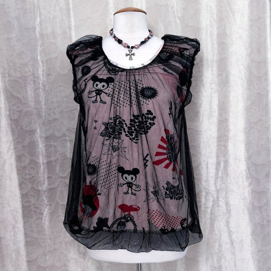 Twee 00βs top with cartoon & pop-culture print fabric with mesh layer on top ππͺ