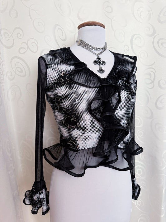 00โs iconic Whimsygoth ruffle crop top with spiral details & mesh sleeves ๐
