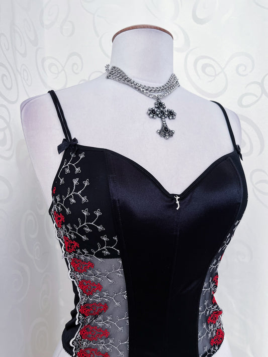 00’s whimsygoth satin corset with mesh & embroidered details 🫀🌀