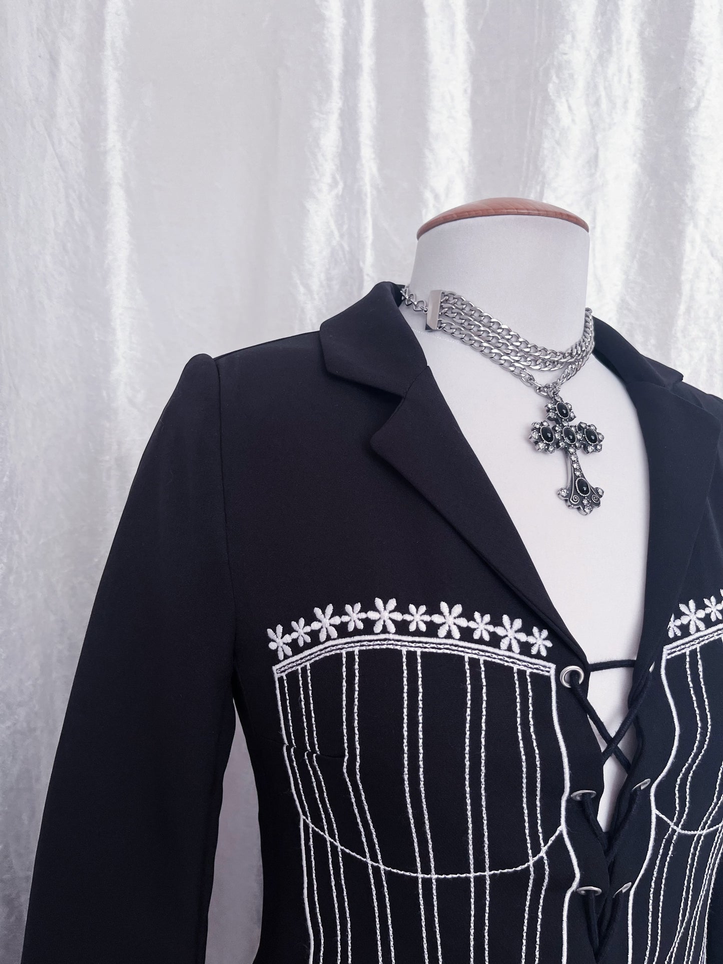 Gothic blazer dress with corset print embroidery & lace up 🎀🦇