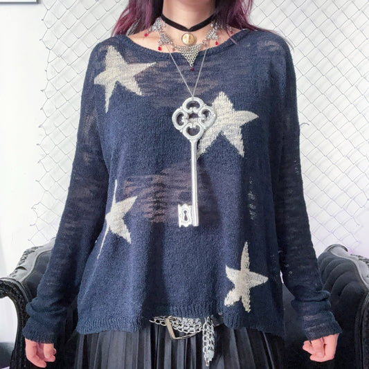 Coraline-style blue light sweater with stars 🗝 ⚉ 🪡 🐈⬛