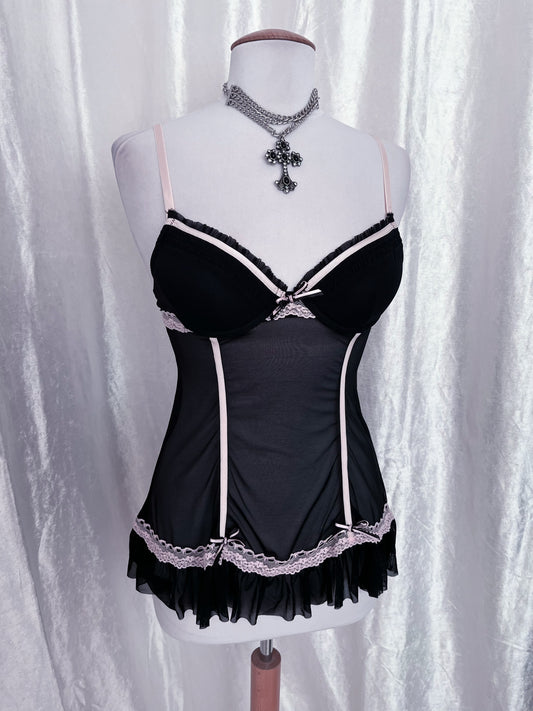Gothic/Coquette mesh black corset top with pink details ππͺ½