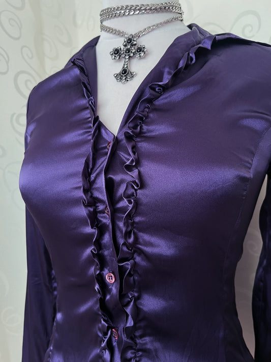 00βs Gothic purple satin shirt with ruffle details π