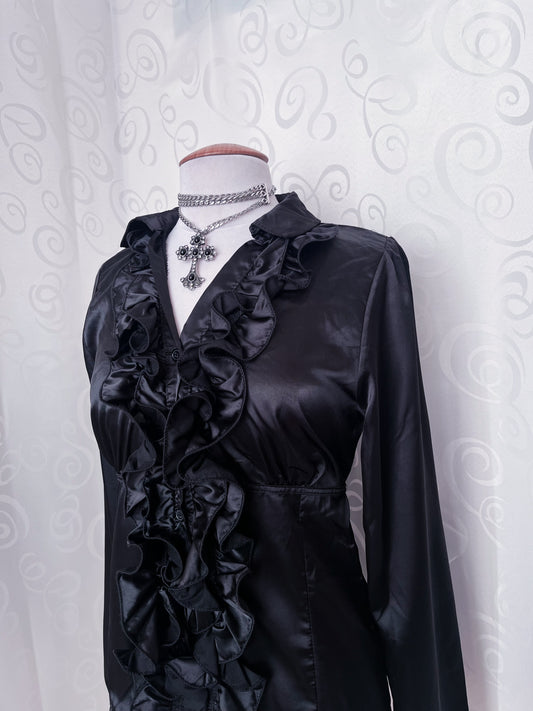 00βs deadstock Gothic/Jirai Kei black satin ruffle shirt π·οΈ