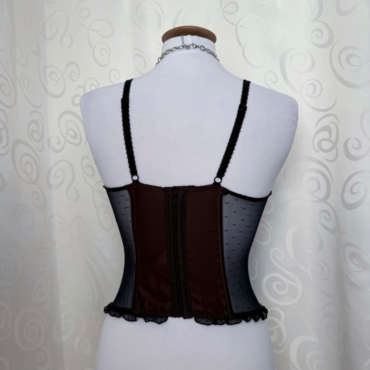 00’s whimsygoth brown corset top with mesh & embroidered detail 🐌🧚🏾
