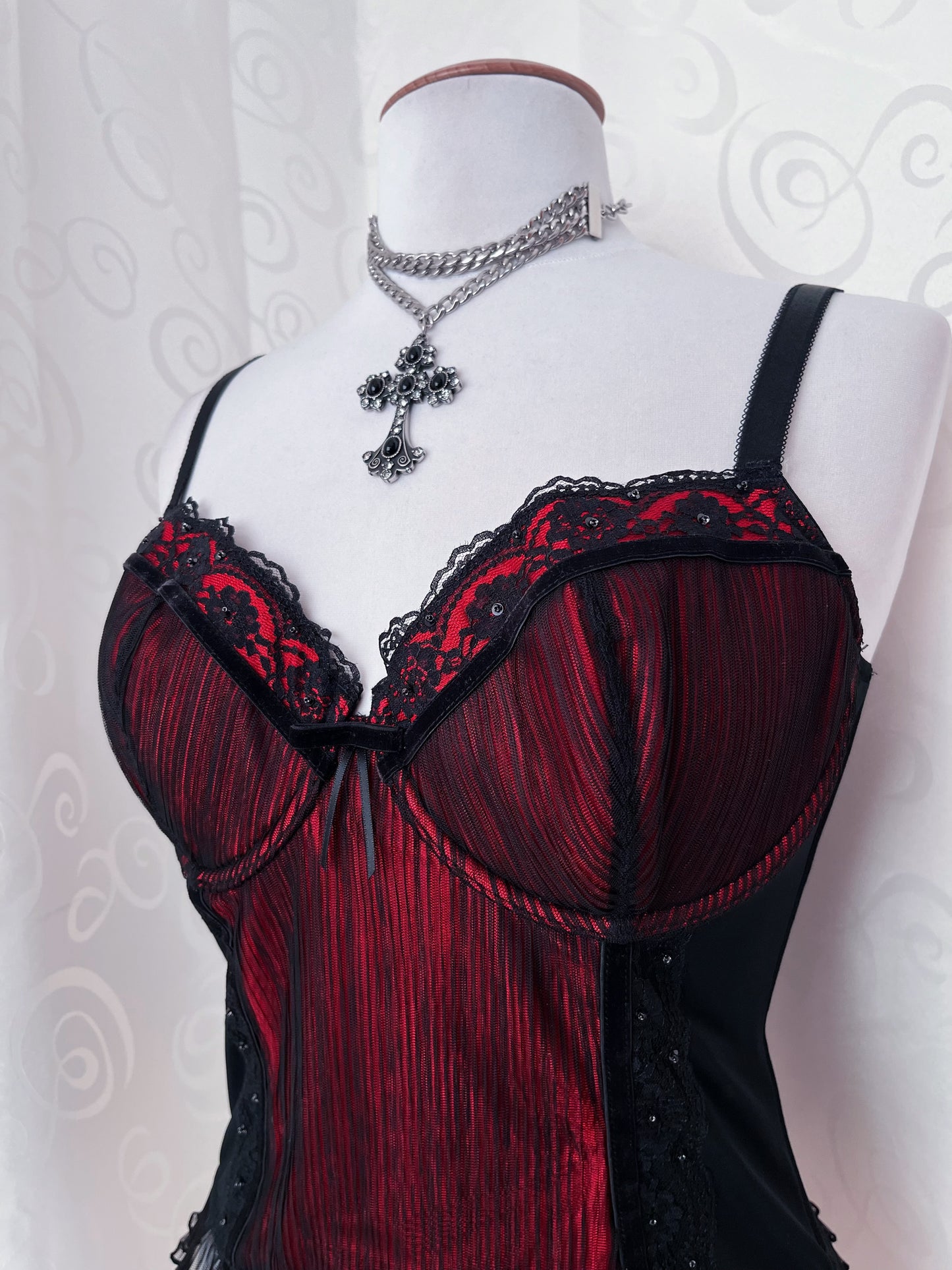 Vampire gothic red mesh corset top with velvet details 🦇🩸
