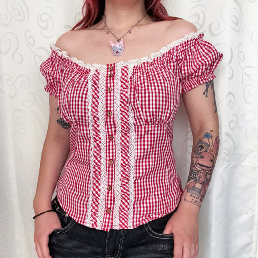 00โs cottagecore/coquette plaid red top ๐