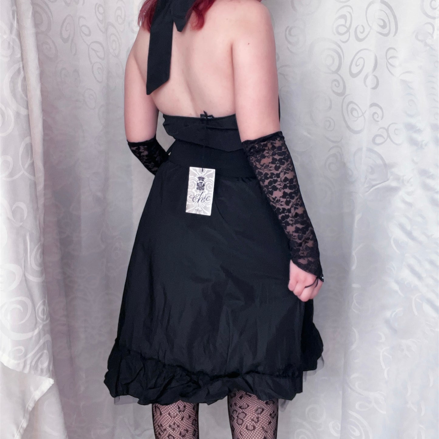 00’s deadstock Gothic/Jirai Kei halter black dress with ruffle detail 🕷️🌀