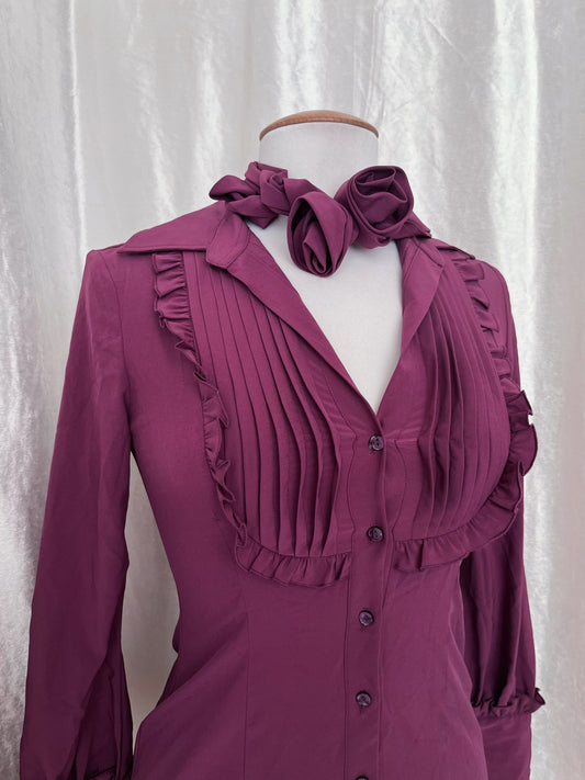 Gothic coquette bright purple shirt with ruffle detail & removable rose collar π