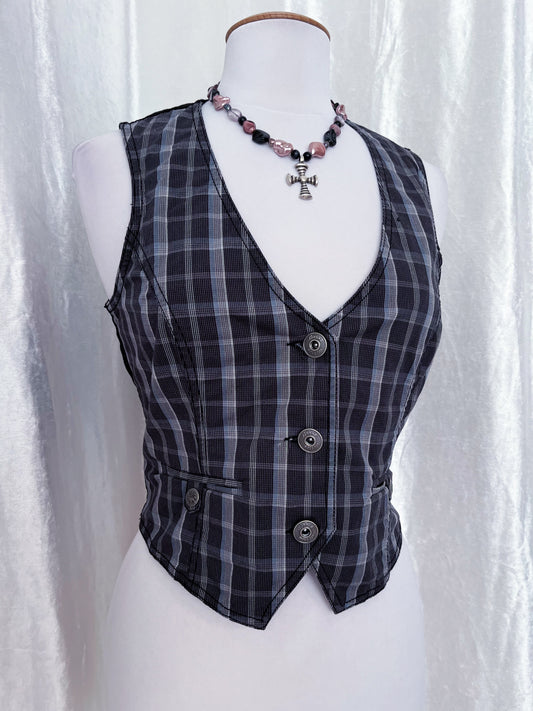 Dark academia cotton plaid vestπ