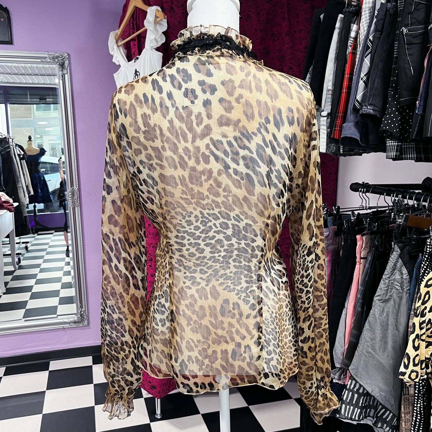 00βs Gothic/Vkei leopard mesh ruffle shirt ππΈ