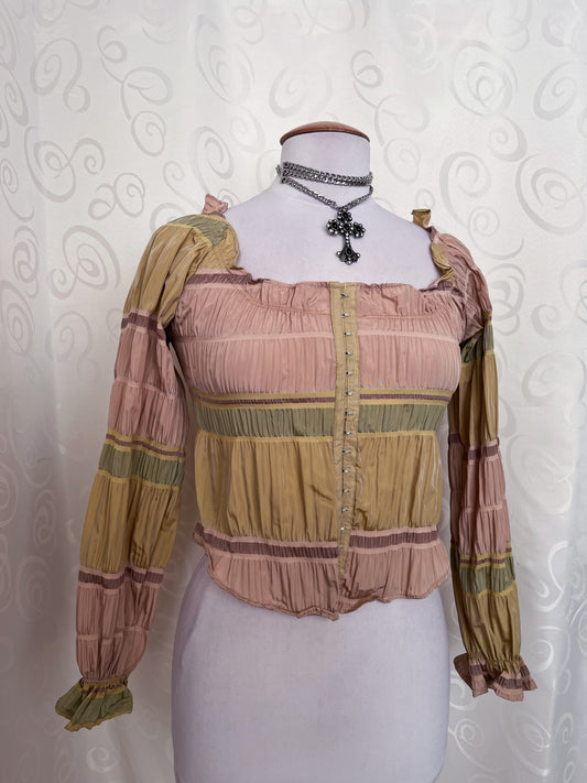 00βs deadstock colorful coquette shirt that closes with metal hooks ππ