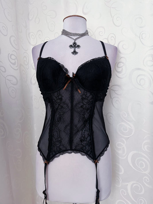 00’s whimsy black lacey corset with brown bow details 🐌 🖤