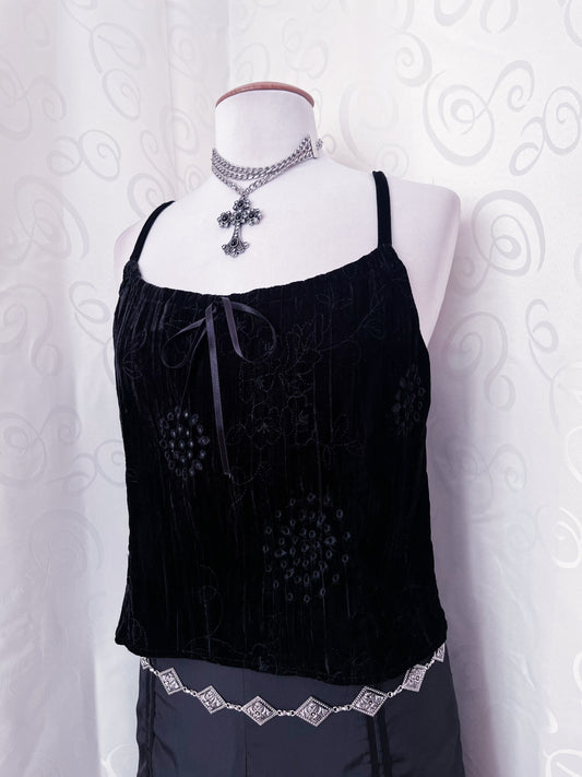 00โs whimsygoth black velvet top with embroidered & cutout details ๐ฎโจ