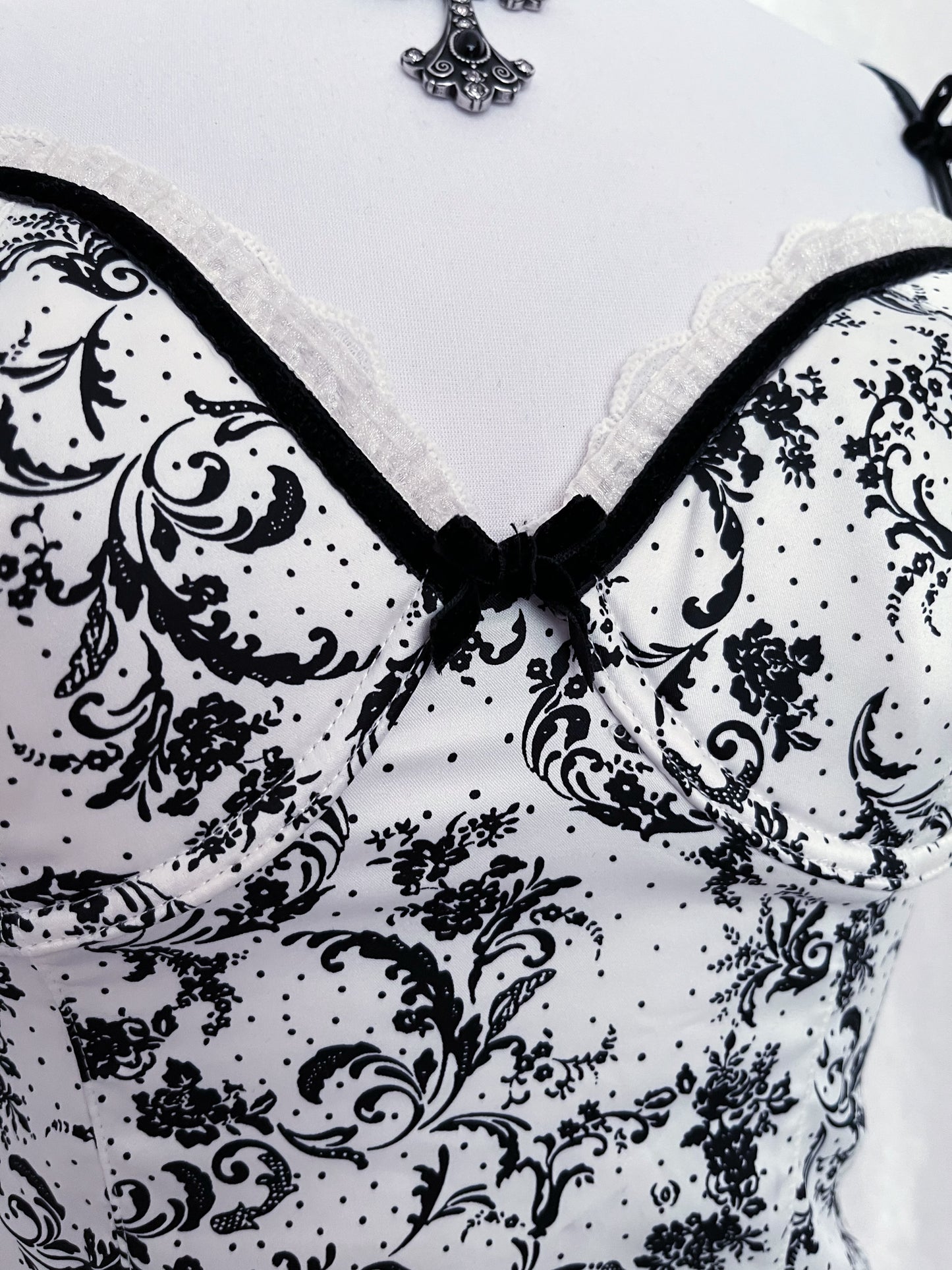Gothic coquette white corset with black print details 🕷️🎀