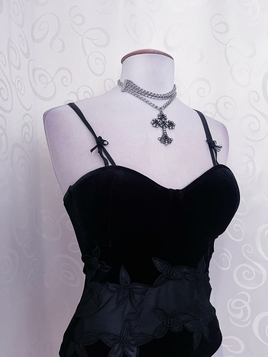 00’s Whimsygoth black velvet corset with mesh & embroidered detail 🖤🌀