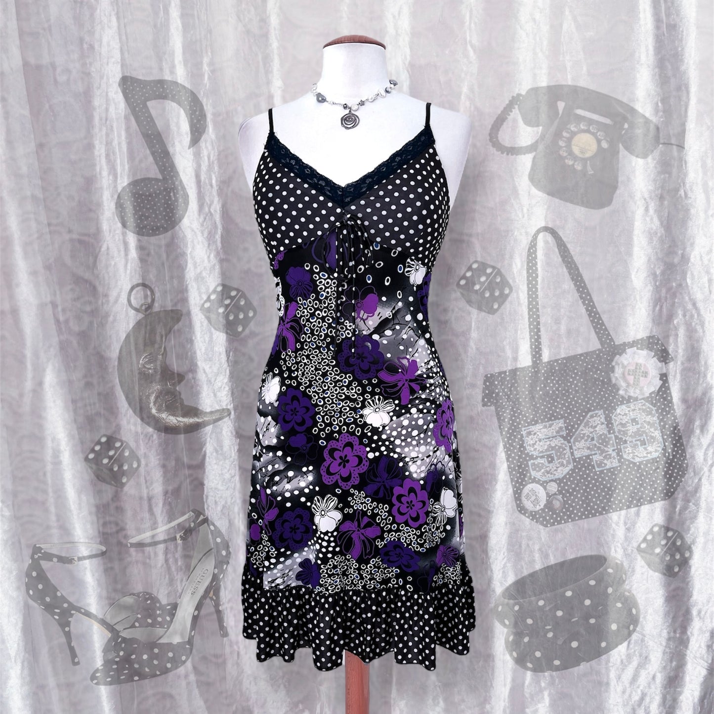 Gothic summer floral & polka dress with lace trim detail 🕷️💜