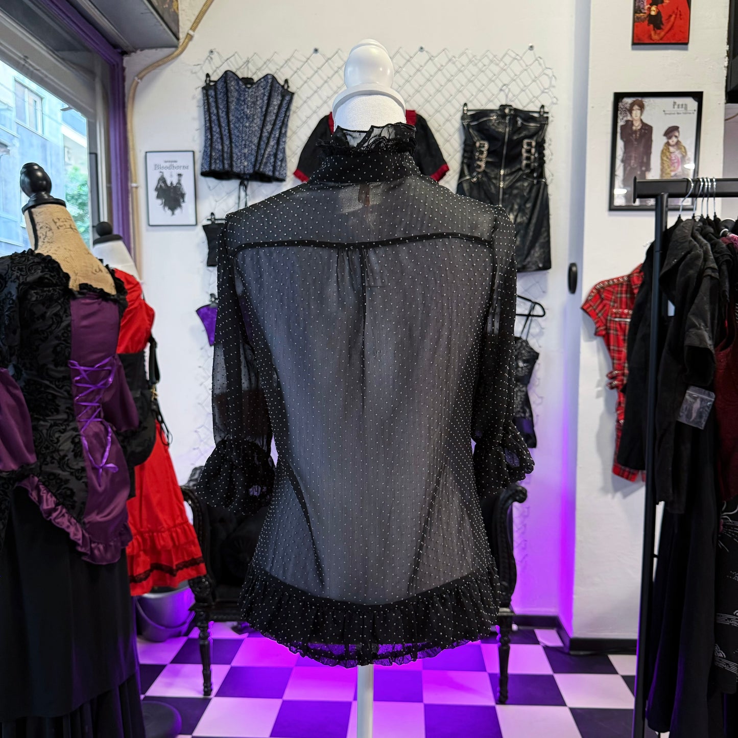 Dark coquette/Jirai kei style see-through polka dot shirt ๐