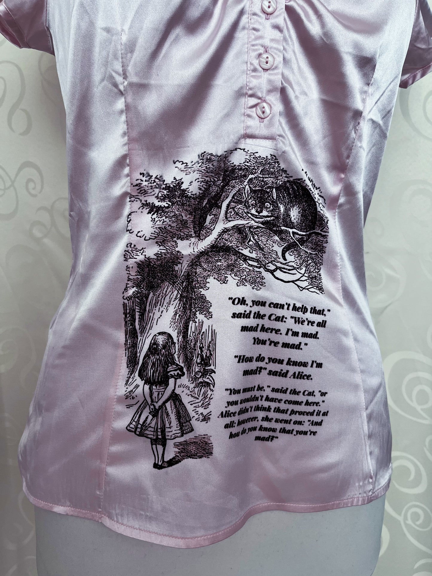 We’re All Mad Here Reworked Fishbone pink saten shirt ⏱️🐇
