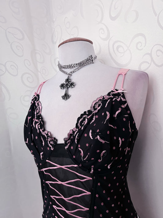 00's dark coquette polka dot lace-up corset ๐๐