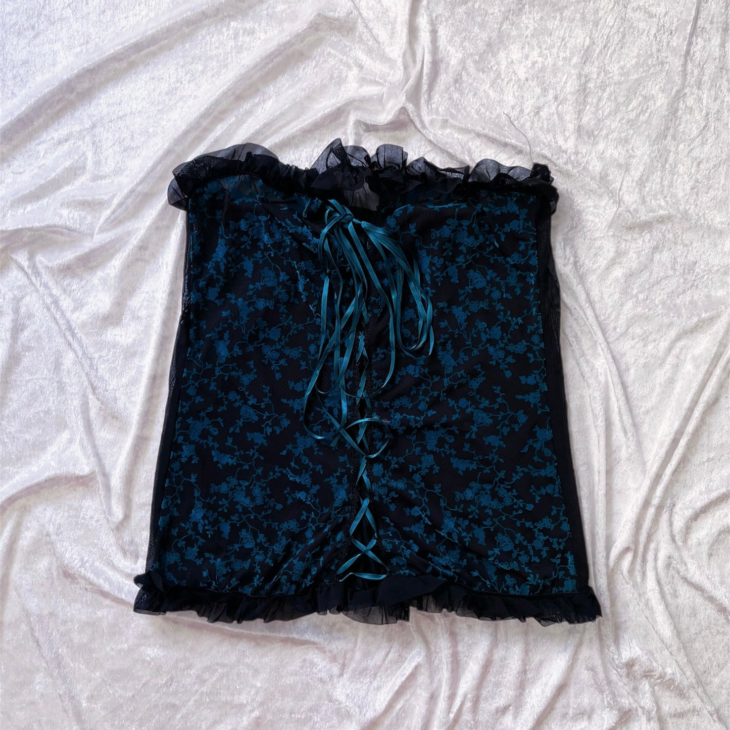 Dark whimsy see-through mesh lace-up top with teal velvet embroidered details 🦇
