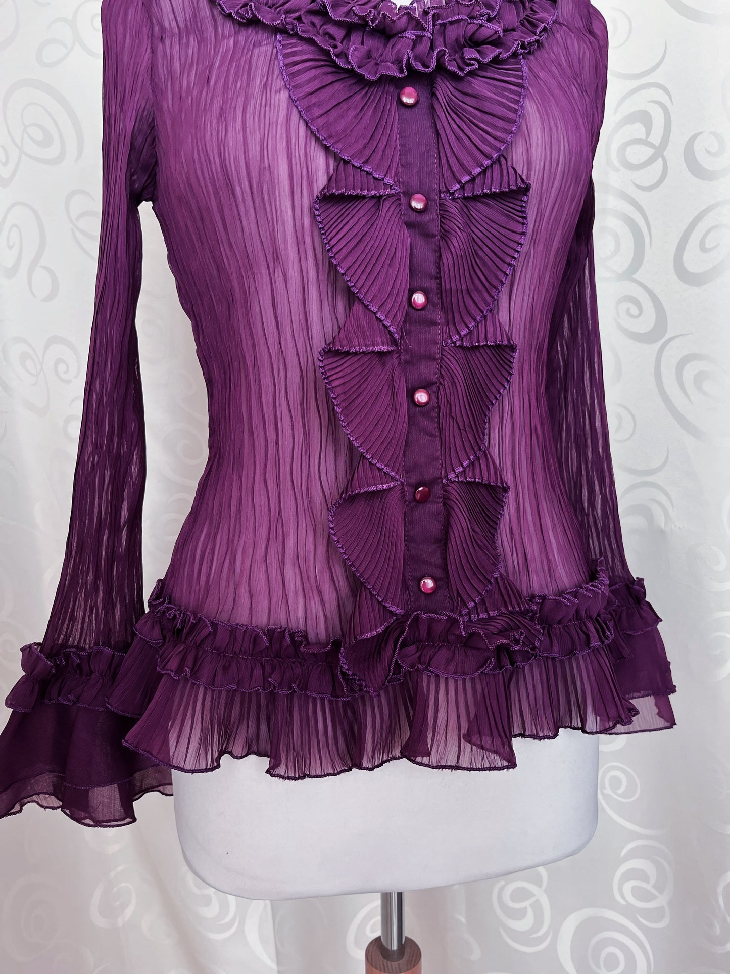 00’s whimsygoth plum ruffle mesh shirt 🔮🦋